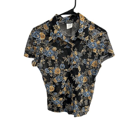 Vintage Carment Mesh Floral Button Front Shirt Black Multi Sz Medium Whimsigoth - Picture 1 of 10